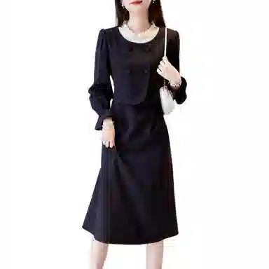 【dme】 假两件法式赫本收腰长长袖连衣裙 黑色