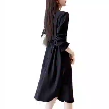 【dme】 假两件法式赫本收腰长长袖连衣裙 黑色