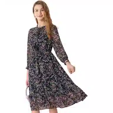 粉红玛琍 圆领高腰套头碎花长袖连衣裙 女款