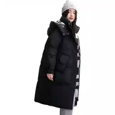 鸭鸭 简约宽松中长纯色棋盘格连帽拉链口袋加厚长袖羽绒服 女款