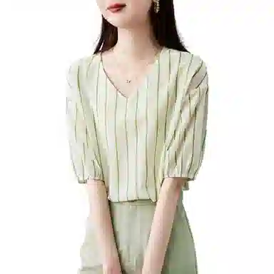 【dme】 休闲印花条纹宽松薄款短袖衬衫 女款 绿色