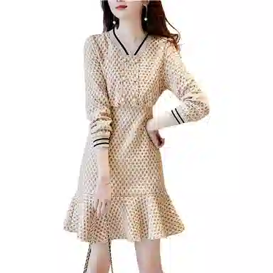 【dme】 鱼尾裙收腰压褶格子长袖连衣裙 皮粉