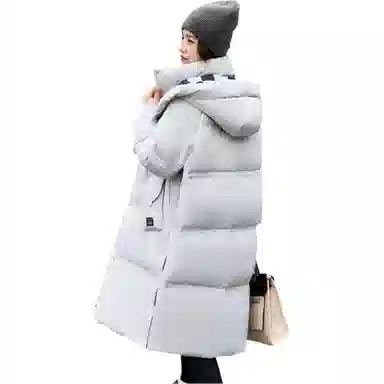 鸭鸭 简约宽松中长纯色棋盘格连帽拉链口袋加厚长袖羽绒服 女款