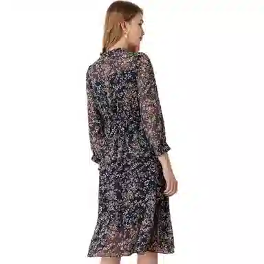 粉红玛琍 圆领高腰套头碎花长袖连衣裙 女款