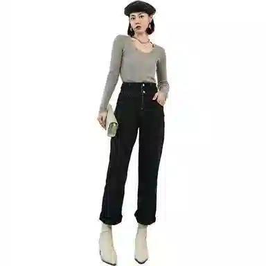 美洋 纯色拉链高腰直筒牛仔裤 女款