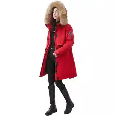 鸭鸭 纯色连帽宽松拉链中长款长袖羽绒服 女款