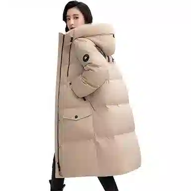 鸭鸭 纯色加厚连帽拉链中长宽松口袋休闲羽绒服 女款
