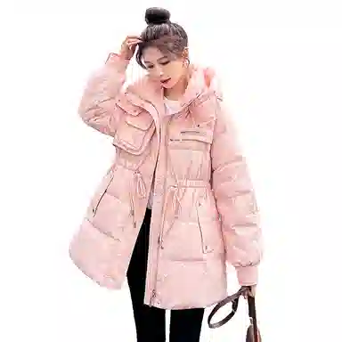 鸭鸭 韩版时尚印花收腰纯色简约立领连帽通勤甜美校园风羽绒服 女款