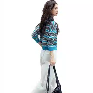 【dme】 时尚休闲圆领宽松长袖毛衣 女款 蓝条纹色