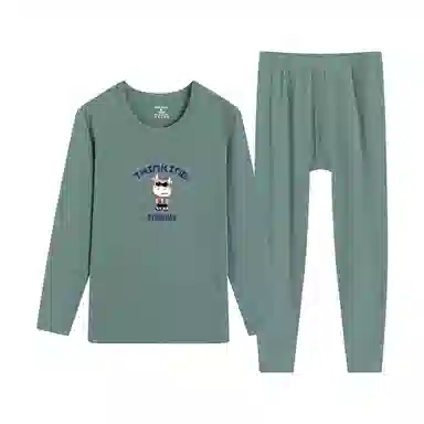 贴身领域 青少年学生青年纯棉时尚可外穿圆领长袖印花秋衣秋裤打底棉毛衫大学生高中生内衣保暖套装 男