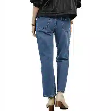 美洋 纯色拉链高腰直筒牛仔裤 女款