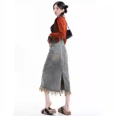玫丝朵 水洗做旧毛边开叉牛仔长裙 女款 怀旧蓝