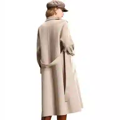 粉红玛琍 翻领纯色中长款长袖系带大衣 女款