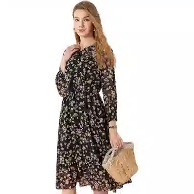 粉红玛琍 圆领高腰套头碎花长袖连衣裙 女款