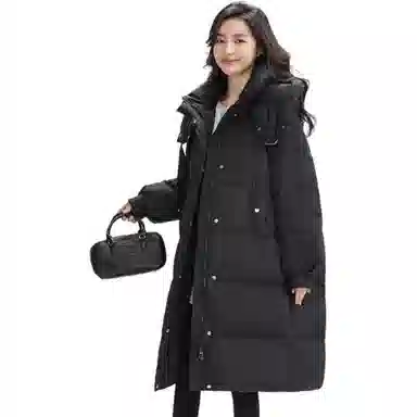 鸭鸭 纯色加厚中长款连帽拉链羽绒服 女款