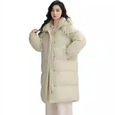 鸭鸭 纯色加厚中长款连帽拉链羽绒服 女款