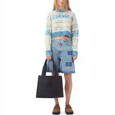 GANNI LAMBSWOOL CROPPED O-NECK PULLOVER STRONG BLUE