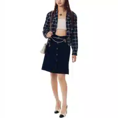 CHANEL Plaid Single-Breasted Jacket Navy Blue