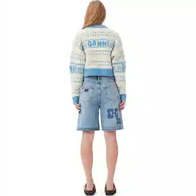 GANNI LAMBSWOOL CROPPED O-NECK PULLOVER STRONG BLUE