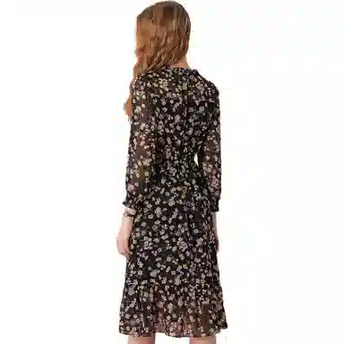 粉红玛琍 圆领高腰套头碎花长袖连衣裙 女款