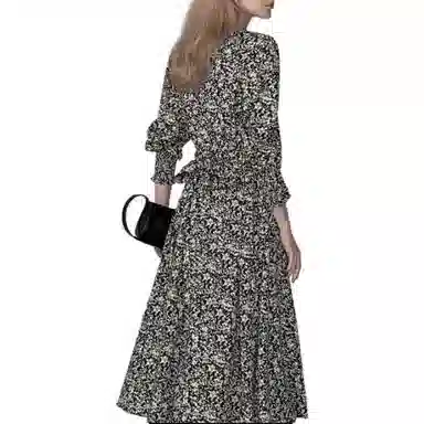 【dme】 碎花满印休闲长袖连衣裙 黑色