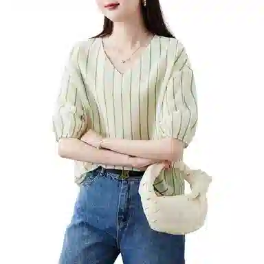 【dme】 休闲印花条纹宽松薄款短袖衬衫 女款 绿色