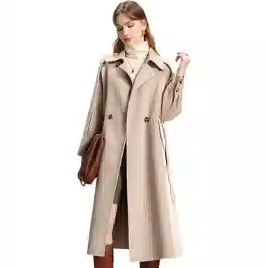 粉红玛琍 翻领纯色中长款长袖系带大衣 女款