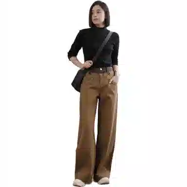 善己 纯棉高腰直筒牛仔裤 女款 咖色