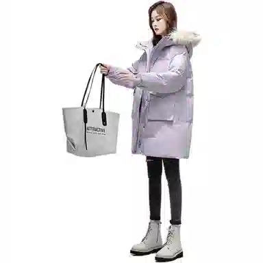 鸭鸭 纯色毛领连帽拉链中长款长袖羽绒服 女款