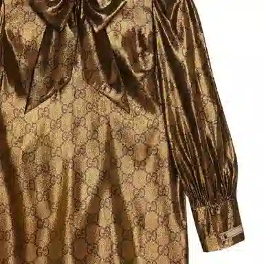 Gucci SS23 Logo Print Long Sleeve Dress Gold