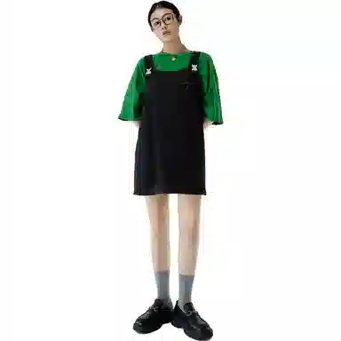 美洋 纯色方领金属扣背带无袖连衣裙 黑色