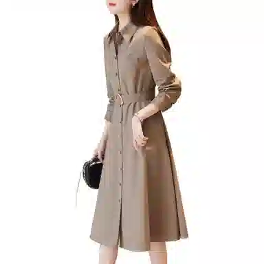 【dme】 纯色休闲简约翻领长袖连衣裙 深卡其