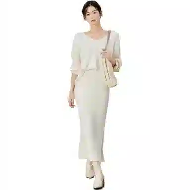 美洋 开叉纯色直筒针织长裙 奶白色