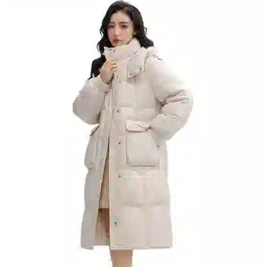 鸭鸭 连帽长款纯色宽松羽绒服 女款