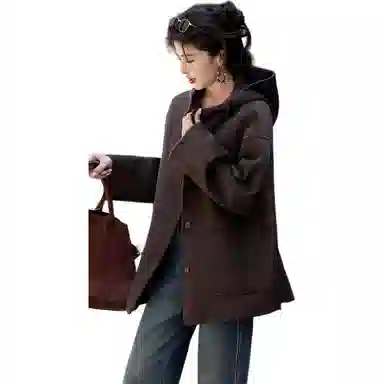 【dme】 纯色连帽厚款单排扣长袖大衣 女款