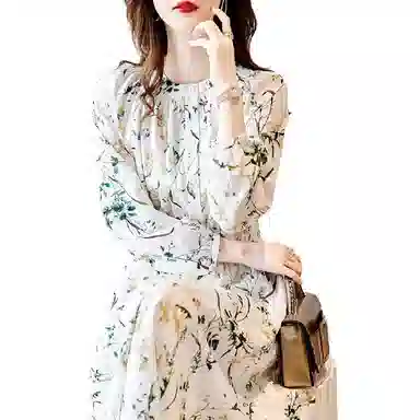 【dme】 碎花中腰圆领长袖连衣裙 丛林绿