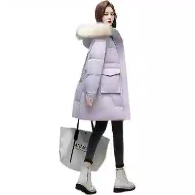 鸭鸭 纯色毛领连帽拉链中长款长袖羽绒服 女款