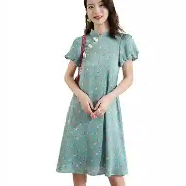 晚白  高腰印花短袖连衣裙  女款  花色