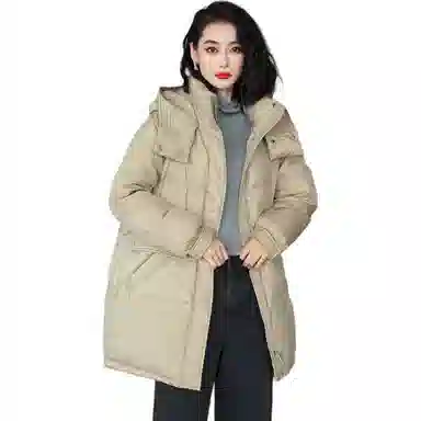 鸭鸭 纯色连帽中长款宽松羽绒服 女款