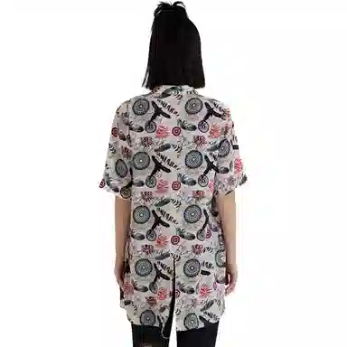 鬼洗 满印立领纽扣中长款短袖衬衫 女款