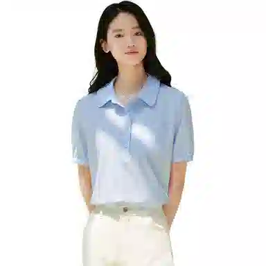 茵曼 通勤纯色简约舒适短袖衬衫 女款 天蓝色