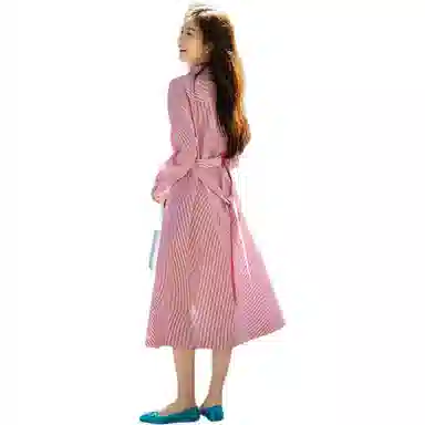 【dme】 条纹单排扣宽松立领衬衫长袖连衣裙 女款 粉红