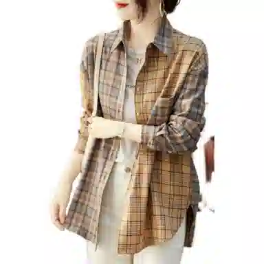 【dme】 宽松格子拼接长袖衬衫 女款 卡其