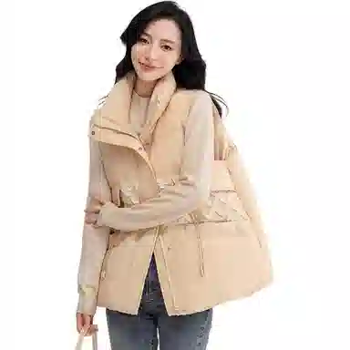 鸭鸭 纯色简约无袖立领羽绒服 女款 咖色