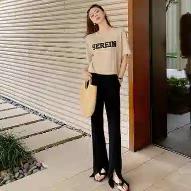 美洋 纯色直筒高腰开叉休闲裤 女款