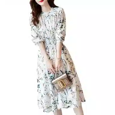 【dme】 碎花中腰圆领长袖连衣裙 丛林绿