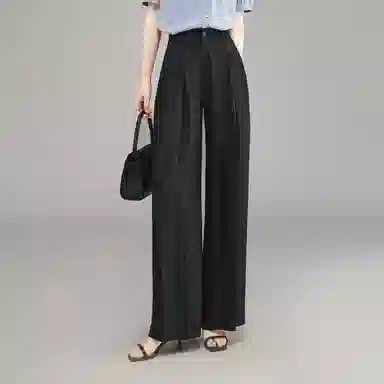 娅丽达 纯色拉链高腰薄款阔腿压褶垂坠休闲裤 女款 黑色