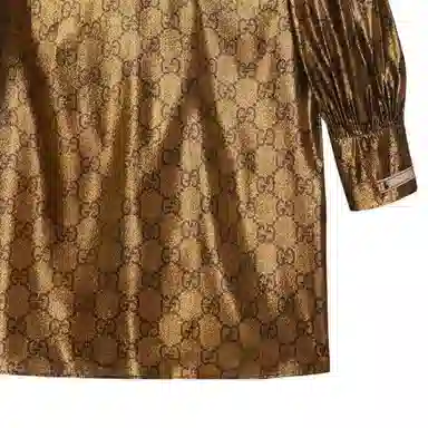 Gucci SS23 Logo Print Long Sleeve Dress Gold