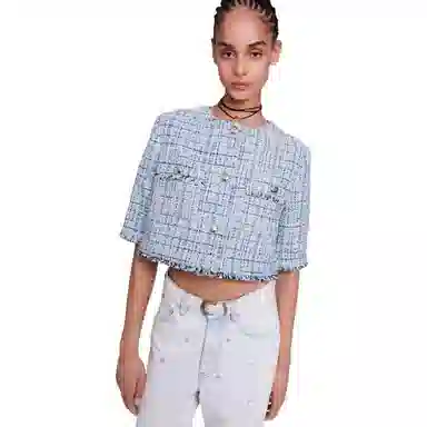 Maje FW23 Plaid Tweed Jacket Light Blue