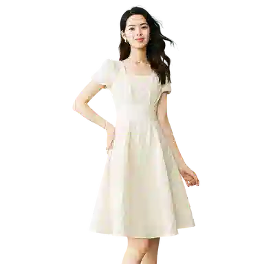 晚白 纯色方领中长款简约短袖连衣裙 女款 杏色